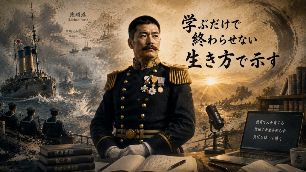 広瀬武夫中佐と旅順港閉塞作戦の背景、教育や情報発信を象徴する本やパソコンを組み合わせた16:9イメージ。広瀬武夫中佐の武士道精神を現代の教育、リーダーシップ、情報発信へ受け継ぐことを表現した画像。