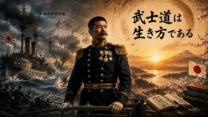 広瀬武夫中佐と旅順港閉塞作戦の戦場、日本の朝日と山並みを組み合わせた16:9イメージ。広瀬武夫中佐が残した本当の武士道と、日本の精神文化が未来へ受け継がれていく姿を表現した画像。
