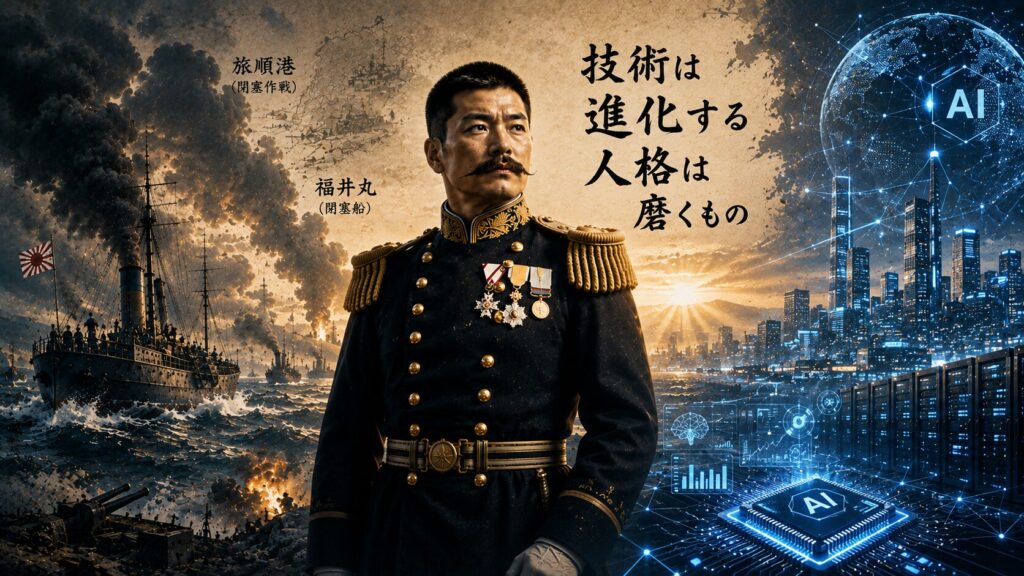 広瀬武夫中佐と旅順港閉塞作戦の戦場、AI時代を象徴する未来都市やデジタルネットワークを組み合わせた16:9イメージ。AI時代にも変わらない武士道精神、人格、責任の重要性を表現した画像。