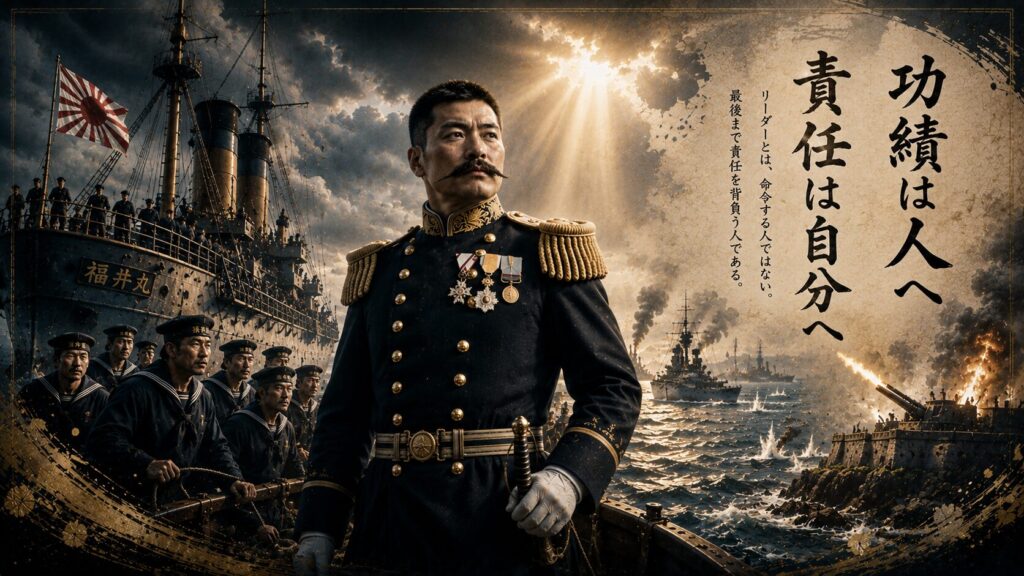 旅順港閉塞作戦で部下の先頭に立つ広瀬武夫中佐と福井丸、旅順港の戦場を描いた16:9イメージ。現代のリーダーが学ぶべき責任感、信頼、武士道精神を表現した画像。