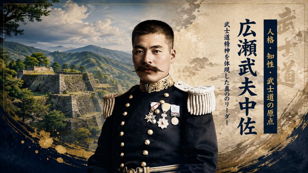 広瀬武夫中佐の肖像と生誕地・大分県竹田市の岡城跡を組み合わせたイメージ。広瀬武夫中佐の人物像と武士道精神の原点を表現した16:9画像。