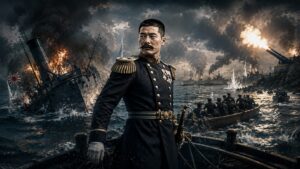 旅順港閉塞作戦で杉野兵曹長を捜すため沈みゆく福井丸へ戻ろうとする広瀬武夫中佐と、炎上する福井丸、退避する短艇、旅順港の砲撃を描いた16:9イメージ。部下を最後まで見捨てなかった武士道精神を表現した画像。