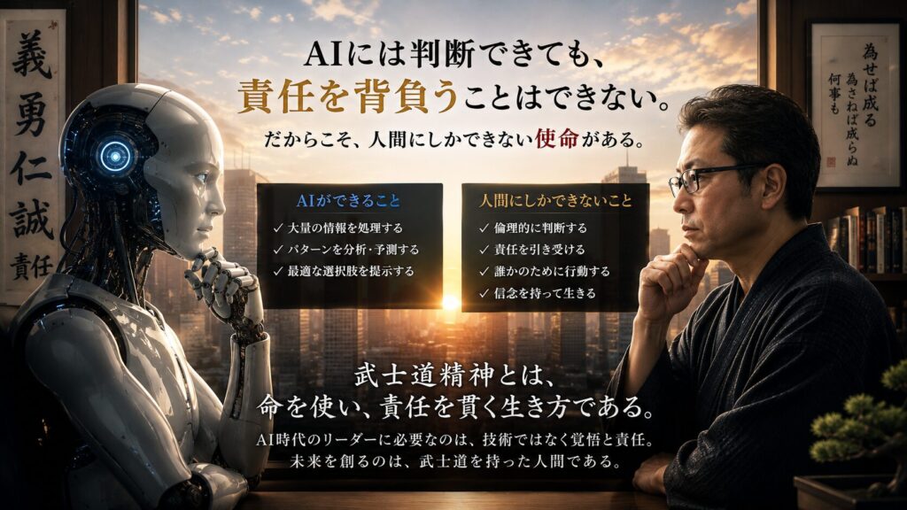 AIと人間が向き合う様子を通して、AIには判断できても責任は背負えないことを表現した16:9イメージ。AI時代に求められる武士道精神、人格、責任感、倫理観、人間にしか果たせない使命を解説する画像。