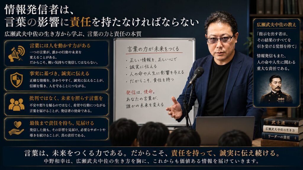 情報発信者の責任をテーマに、中野和幸が講義を行う様子と教育・情報発信・リーダーシップを表現した16:9イメージ。広瀬武夫中佐の教えを現代へ生かし、言葉の影響力、誠実な情報発信、教育者としての責任を解説する画像。