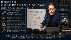 情報発信者の責任をテーマに、中野和幸が講義を行う様子と教育・情報発信・リーダーシップを表現した16:9イメージ。広瀬武夫中佐の教えを現代へ生かし、言葉の影響力、誠実な情報発信、教育者としての責任を解説する画像。