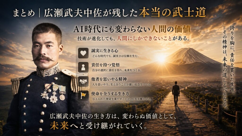 広瀬武夫中佐が残した武士道精神をテーマに、朝日、富士山、未来へ続く一本道を歩く人物を描いた16:9イメージ。AI時代にも変わらない人間の価値、責任、誠実さ、使命感、日本の精神文化を未来へ受け継ぐ武士道を表現した画像。