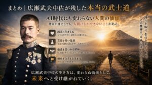 広瀬武夫中佐が残した武士道精神をテーマに、朝日、富士山、未来へ続く一本道を歩く人物を描いた16:9イメージ。AI時代にも変わらない人間の価値、責任、誠実さ、使命感、日本の精神文化を未来へ受け継ぐ武士道を表現した画像。