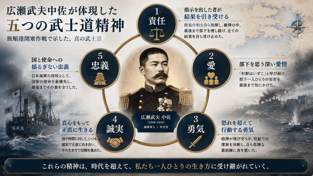 広瀬武夫中佐が体現した五つの武士道精神「義・勇・仁・誠・責任」を図解した16:9インフォグラフィック。旅順港閉塞作戦を背景に、責任感、勇気、思いやり、誠実さ、忠義を分かりやすく解説した武士道教育用画像。