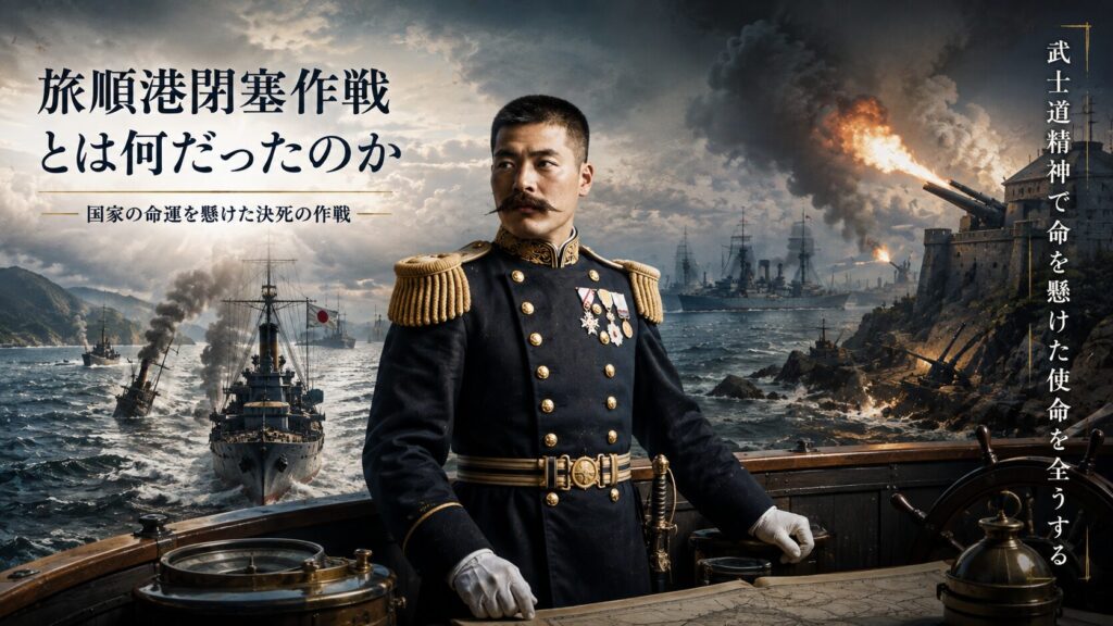 旅順港閉塞作戦で福井丸を率いる広瀬武夫中佐と、旅順港の港口、ロシア艦隊、沿岸砲台を描いた16:9イメージ。国家の命運を懸けた閉塞作戦と武士道精神を表現した画像。