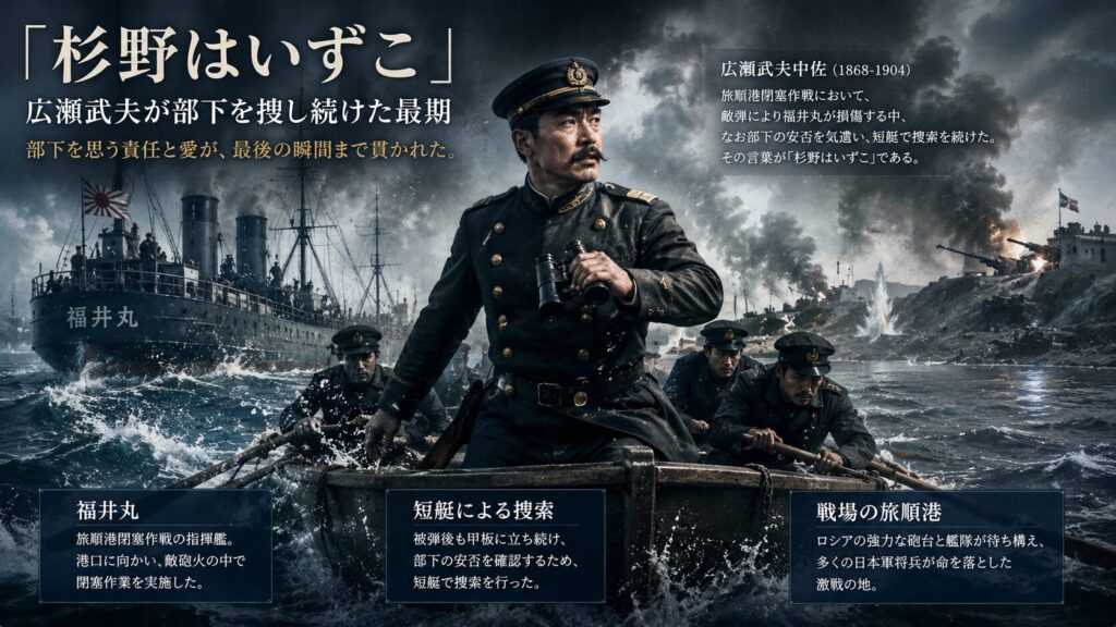 「杉野はいずこ」の史実をテーマに、旅順港閉塞作戦で福井丸から短艇に乗り、杉野兵曹長を捜索する広瀬武夫中佐と、旅順港の戦場、沿岸砲台、福井丸を描いた16:9イメージ。部下を最後まで見捨てなかった広瀬武夫中佐の責任感と武士道精神を表現した画像。
