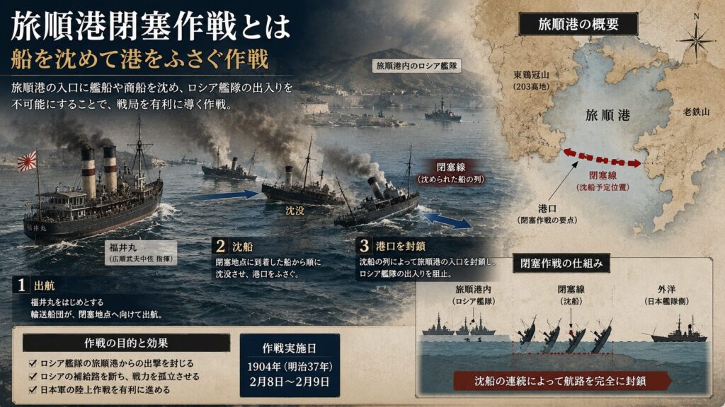 旅順港閉塞作戦の仕組みを解説した図解。旅順港の港口へ閉塞船を沈めてロシア艦隊の出撃を阻止する作戦、福井丸の航路、閉塞線、旅順港の地図を16:9で分かりやすく表現したインフォグラフィック。