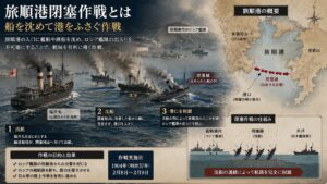 旅順港閉塞作戦の仕組みを解説した図解。旅順港の港口へ閉塞船を沈めてロシア艦隊の出撃を阻止する作戦、福井丸の航路、閉塞線、旅順港の地図を16:9で分かりやすく表現したインフォグラフィック。