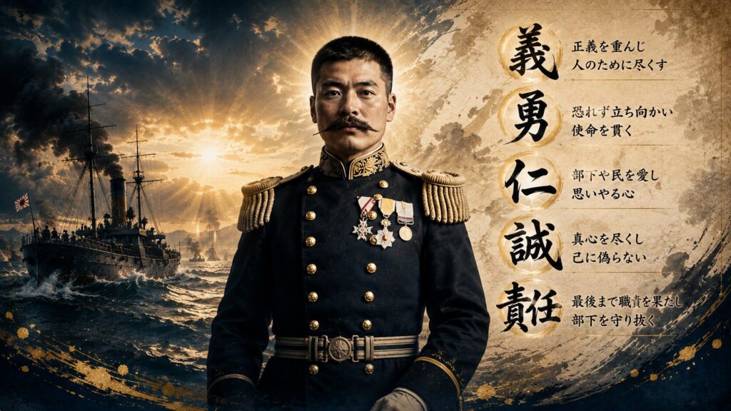 広瀬武夫中佐と「義・勇・仁・誠・責任」の五つの武士道精神を象徴的に描いた16:9イメージ。旅順港閉塞作戦を背景に、広瀬武夫中佐が体現した武士道の価値を表現した画像。