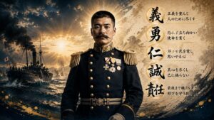 広瀬武夫中佐と「義・勇・仁・誠・責任」の五つの武士道精神を象徴的に描いた16:9イメージ。旅順港閉塞作戦を背景に、広瀬武夫中佐が体現した武士道の価値を表現した画像。