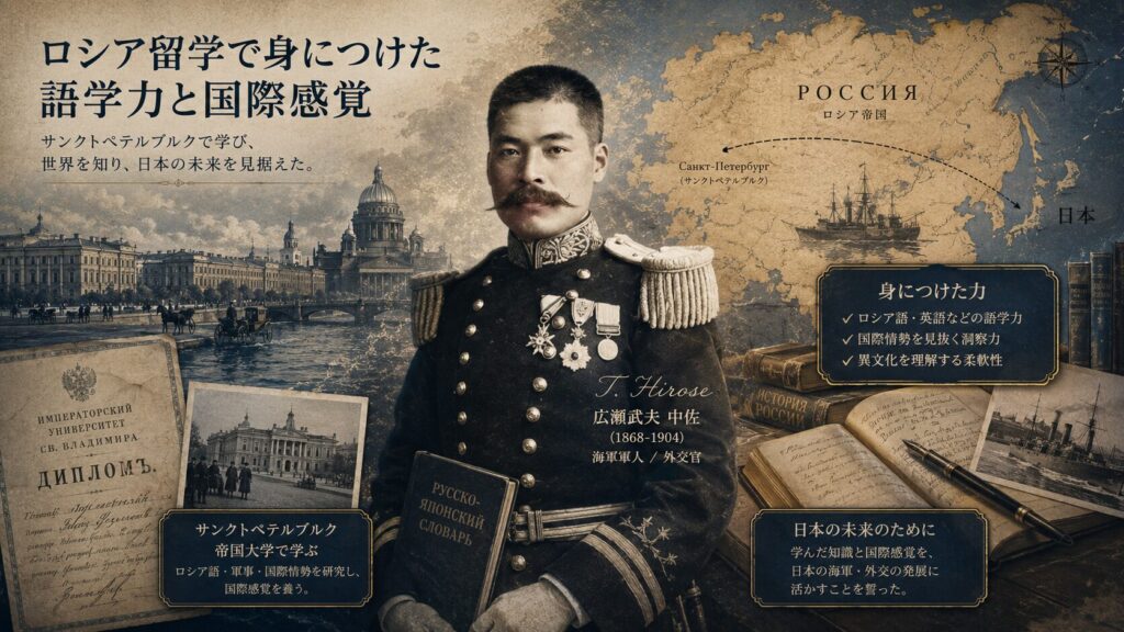 広瀬武夫中佐のロシア留学をテーマに、サンクトペテルブルクの街並み、日本とロシアの地図、語学学習、国際感覚を表現した16:9イメージ。広瀬武夫中佐が身につけた語学力と国際感覚、日本海軍への貢献を解説する画像。
