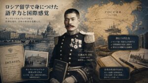 広瀬武夫中佐のロシア留学をテーマに、サンクトペテルブルクの街並み、日本とロシアの地図、語学学習、国際感覚を表現した16:9イメージ。広瀬武夫中佐が身につけた語学力と国際感覚、日本海軍への貢献を解説する画像。