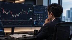 ゴールドFXのチャートと分析情報を確認しながら取引判断を考える様子