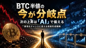 BTC半値の今を分岐点として、ビットコイン暴落とAIを活用した次の資産形成戦略を表現したイメージ