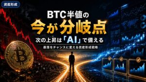 BTC半値の今を分岐点として、ビットコイン暴落とAIを活用した次の資産形成戦略を表現したイメージ