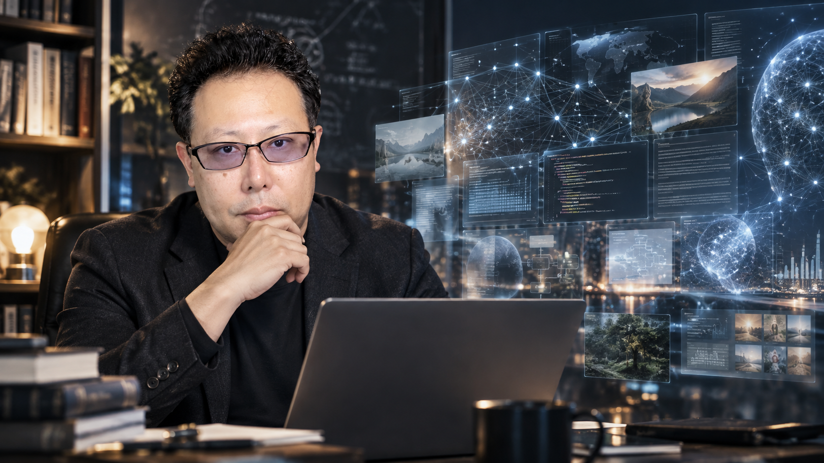 **代替テキスト（ALT）最適解** AI時代に人間の知性と思考力を拡張する未来を表現した中野和幸のイメージ画像