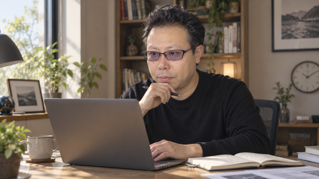 体調に配慮しながら自宅で短時間集中して文章制作を行う中野和幸の在宅ワーク風景