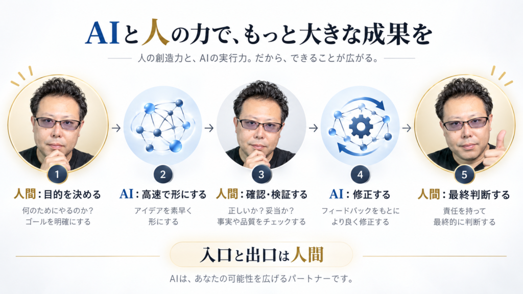 中野和幸とAIが「目的設定・生成・確認・修正・最終判断」を分担するAI時代の仕事の流れを示した図解