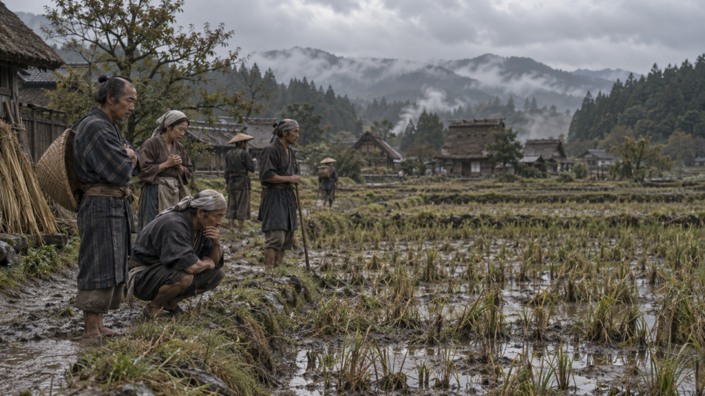 長雨による凶作を前に不安を抱える江戸時代の農民たちの再現イメージ