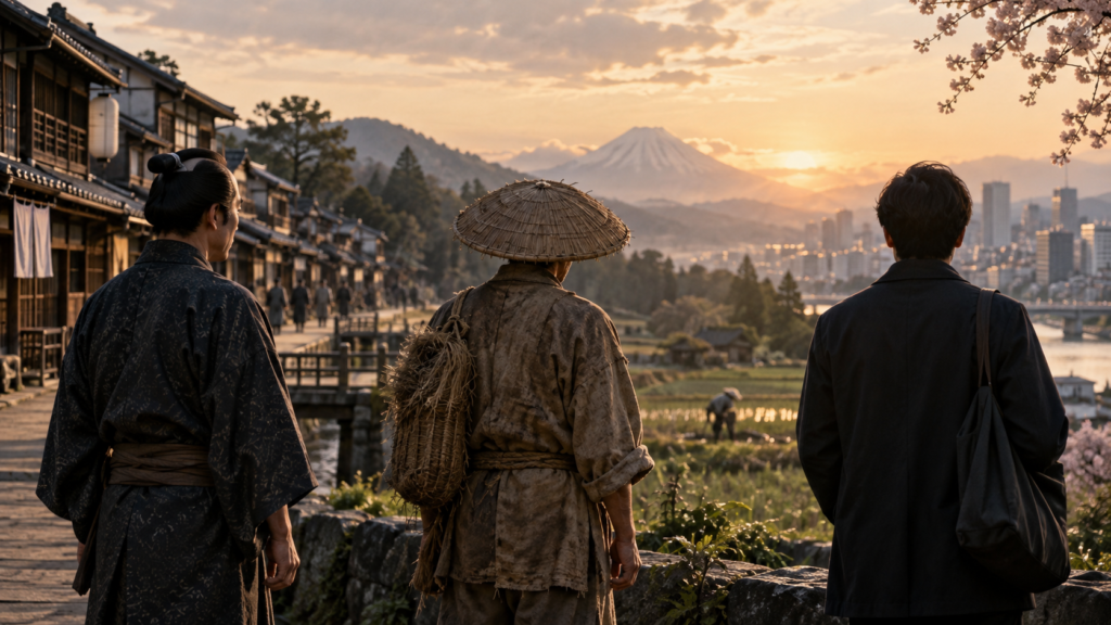 農民と現代人の後ろ姿を重ねて身分を越えて受け継がれる武士道精神を表現したイメージ