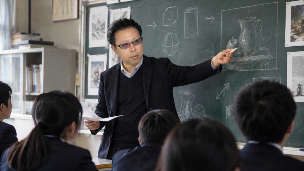 生徒の反応を見ながら授業内容を組み替えて説明する中学校教師のイメージ