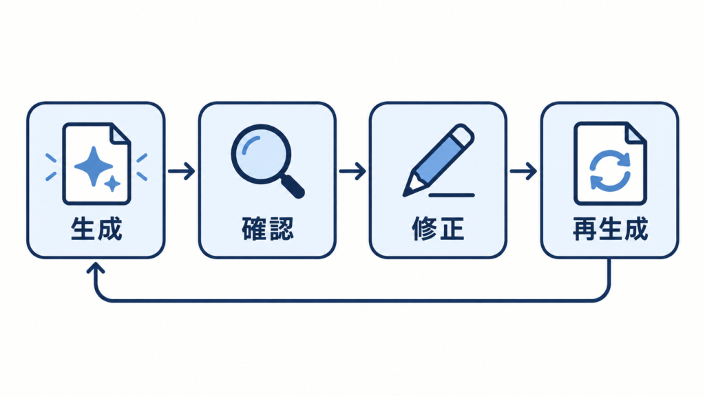 AIの出力を「生成・確認・修正・再生成」の順に繰り返す流れを示した図