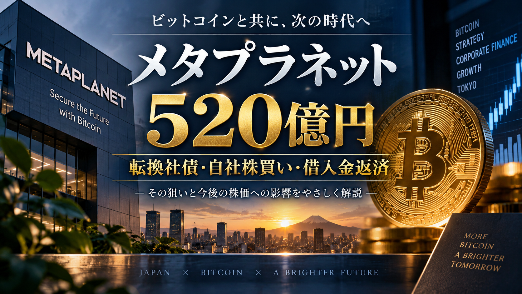 メタプラネットの520億円の転換社債と自社株買いを表す金融イメージ