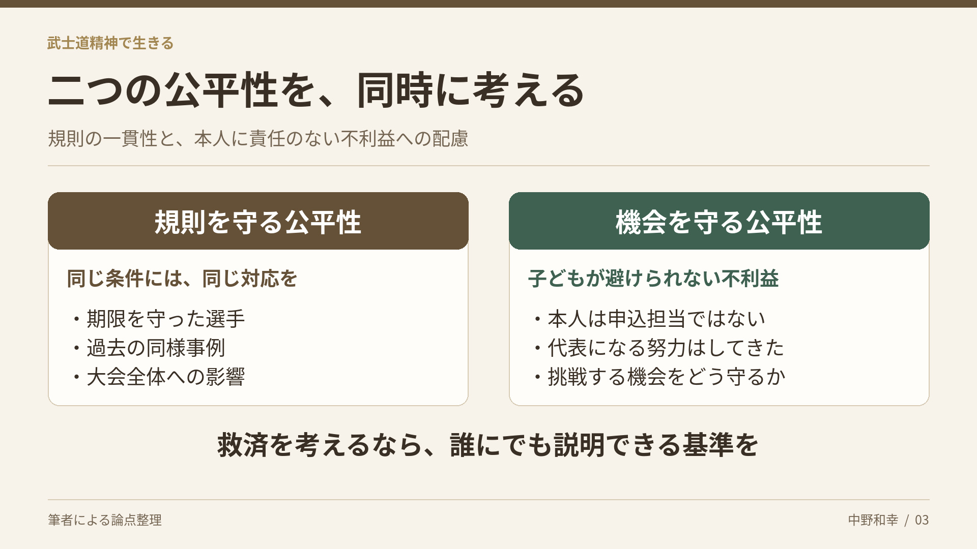 期限を守った選手への公平性と、本人に責任のない子どもの競技機会を守る公平性を比較し、共通の救済基準を考える図。