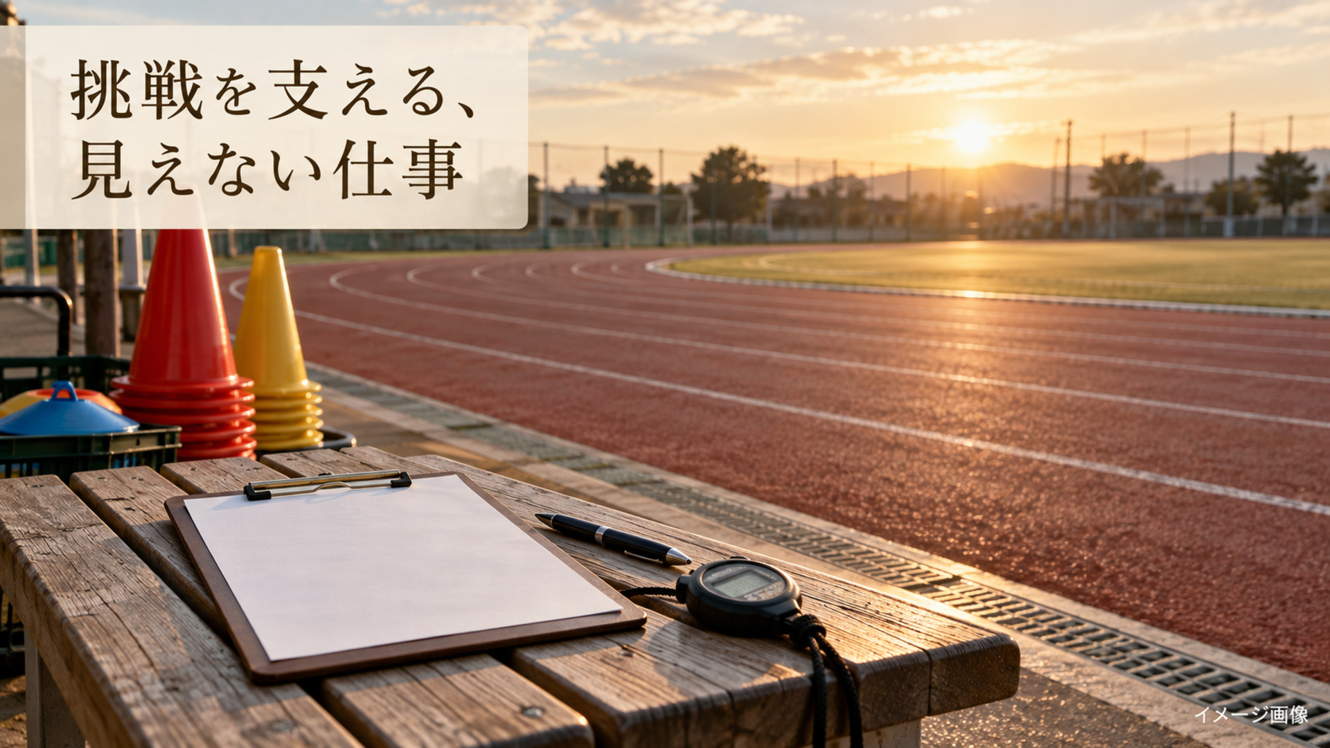 陸上トラック脇のベンチにクリップボード、ペン、ストップウォッチが置かれ、部活動を支える事務や安全管理を表したイメージ画像。