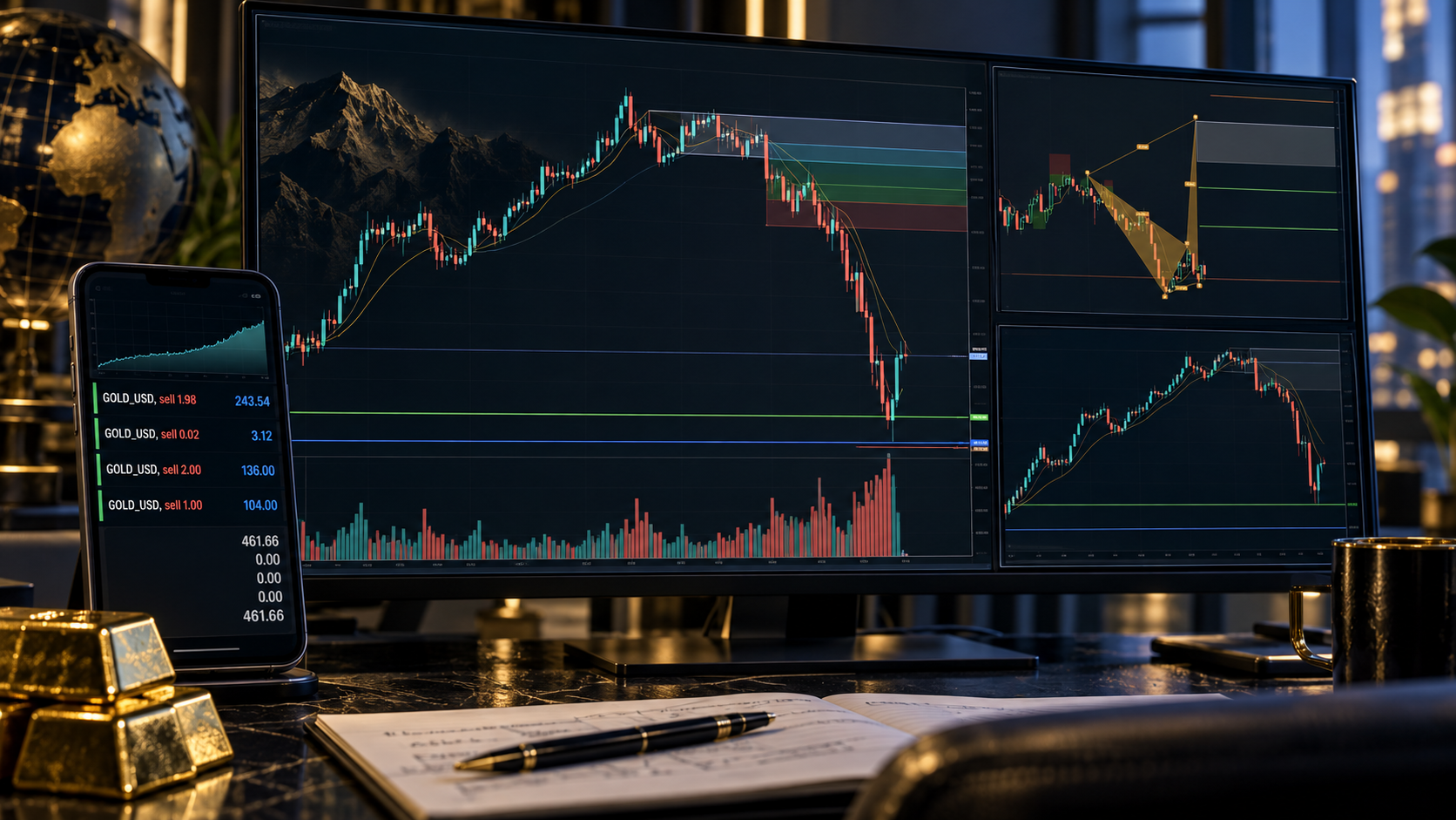 SageMasterとHelixを活用してGOLD（XAUUSD）の下落相場を分析し、3回利確で461.66USDの利益となったFX実績イメージ