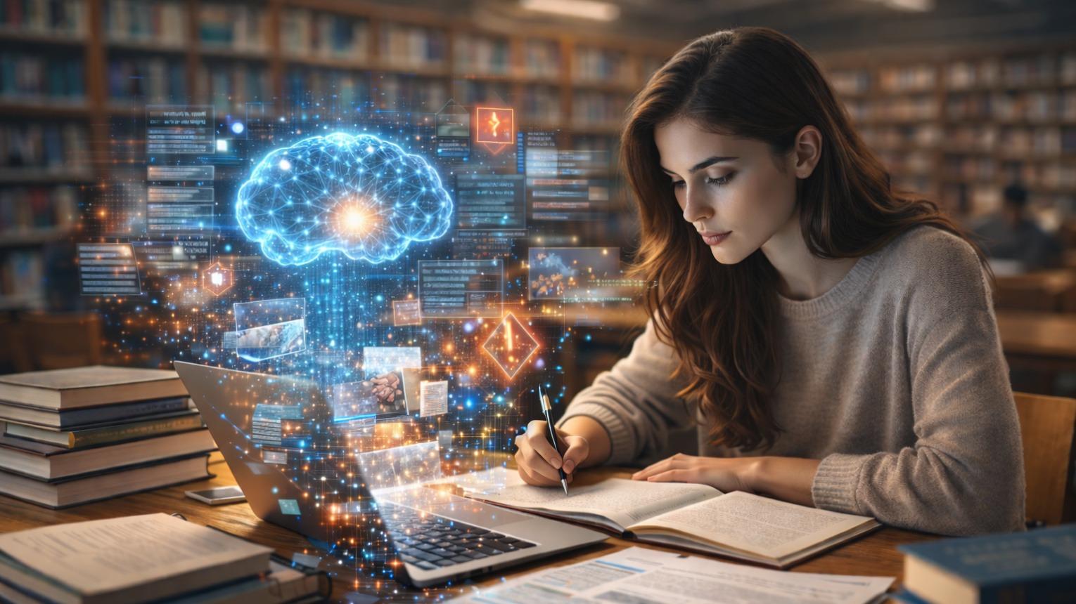 本やノートで学ぶ人間とAIのデジタル表現を組み合わせ、AI時代に必要な知識・判断力・修正力を象徴するイメージ
