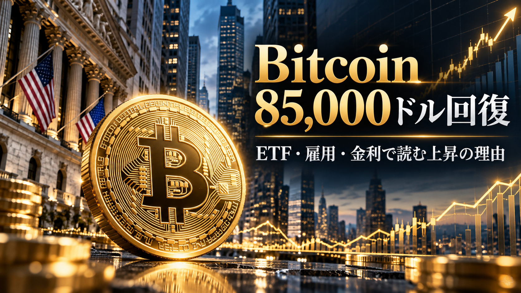 Bitcoinが8万5000ドル前後まで回復した背景を、ETF資金流入・米雇用統計・FRB金利から解説する記事のヘッダー画像