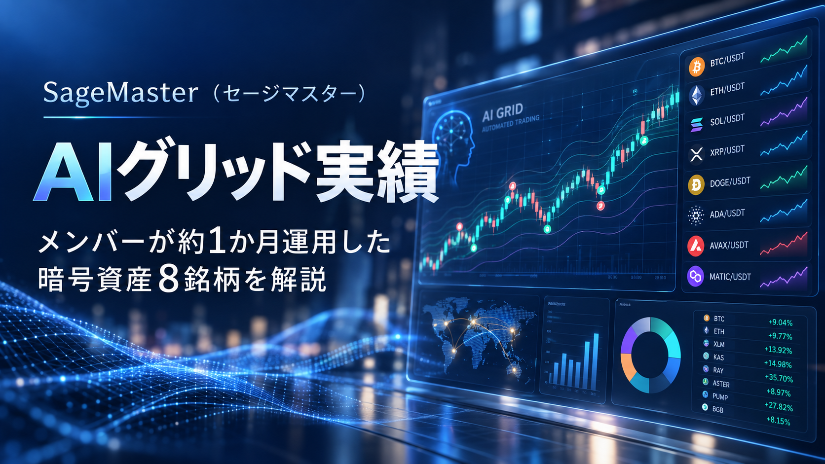 SageMaster（セージマスター）のAIグリッド実績をテーマに、メンバーが約1か月運用した暗号資産8銘柄を解説するヘッダー画像