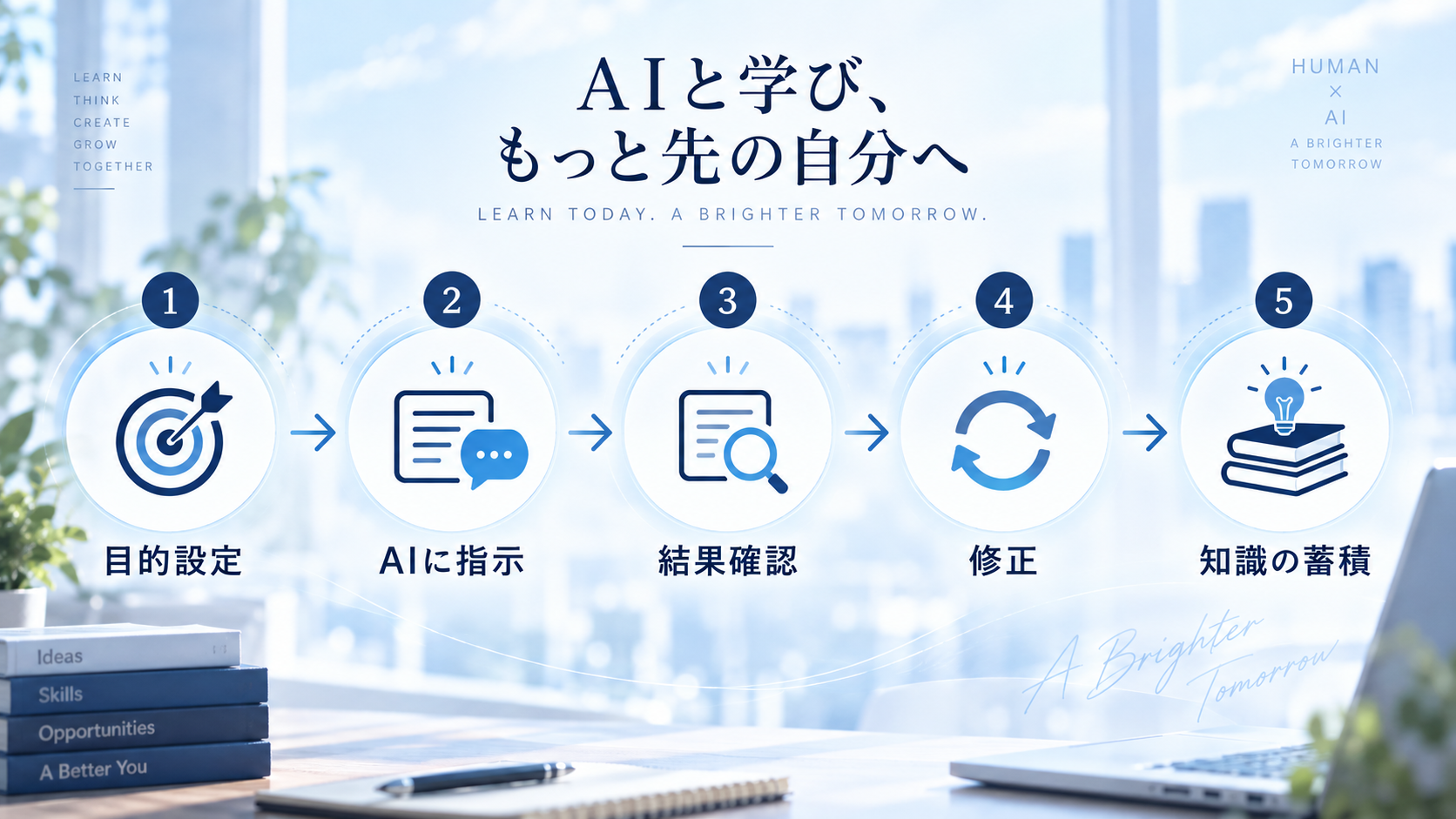 目的設定、AIに指示、結果確認、修正、知識の蓄積という5段階を示した図解