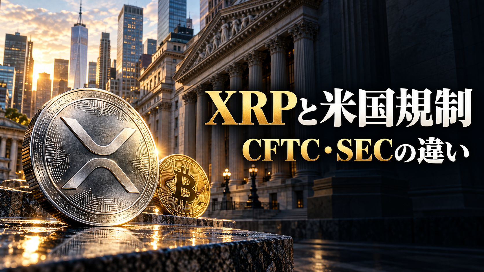 XRPとBitcoinのコインを背景に、米国規制とCFTC・SECの違いを示す画像