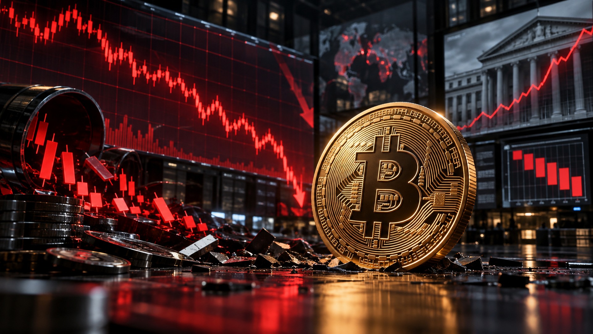 2026年10月のビットコイン急落と強制清算、米国金利、ETF資金流出を表すイメージ