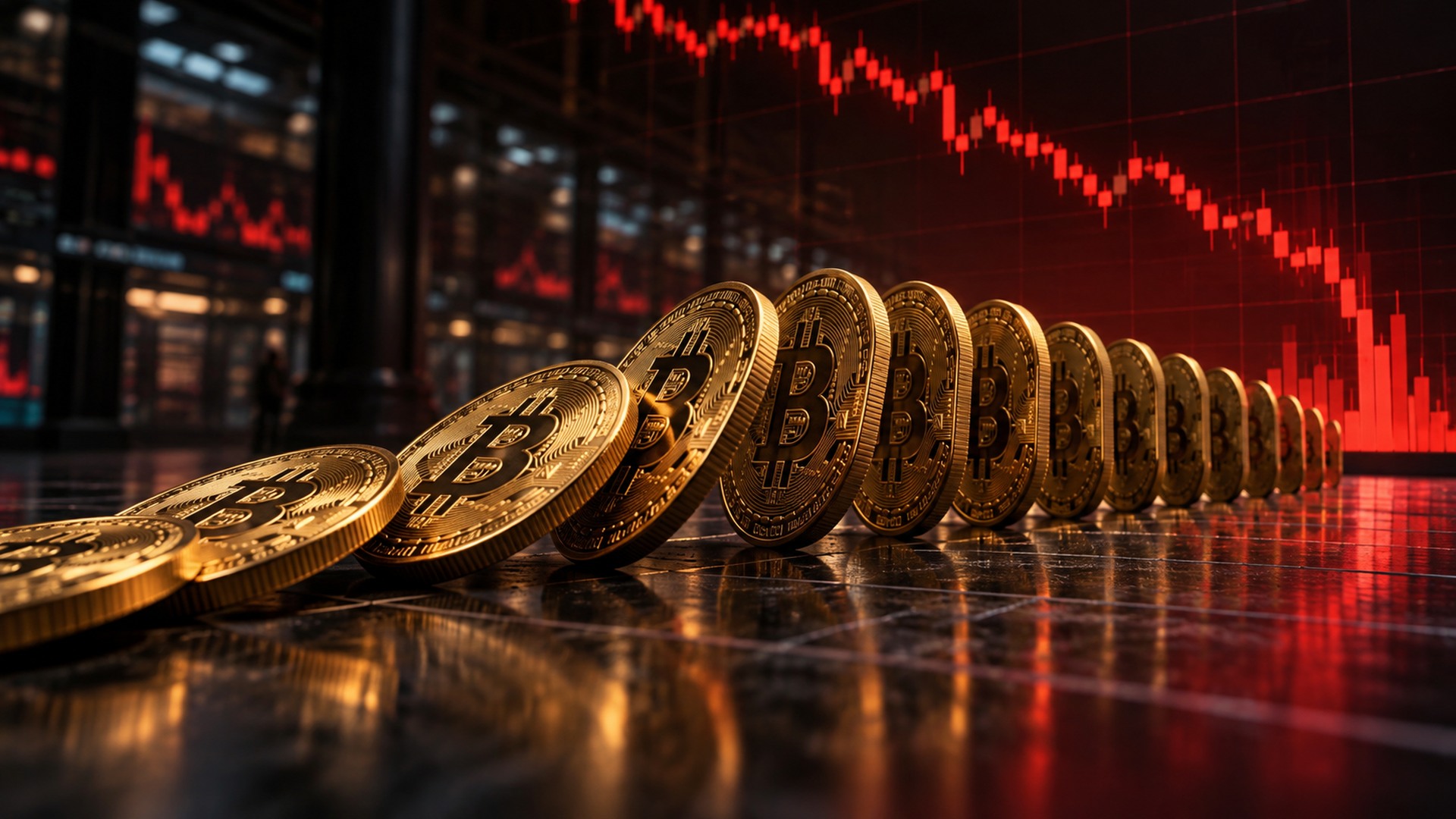 ビットコインの下落によって強制清算が連鎖し売りが拡大する仕組みをドミノで表した画像