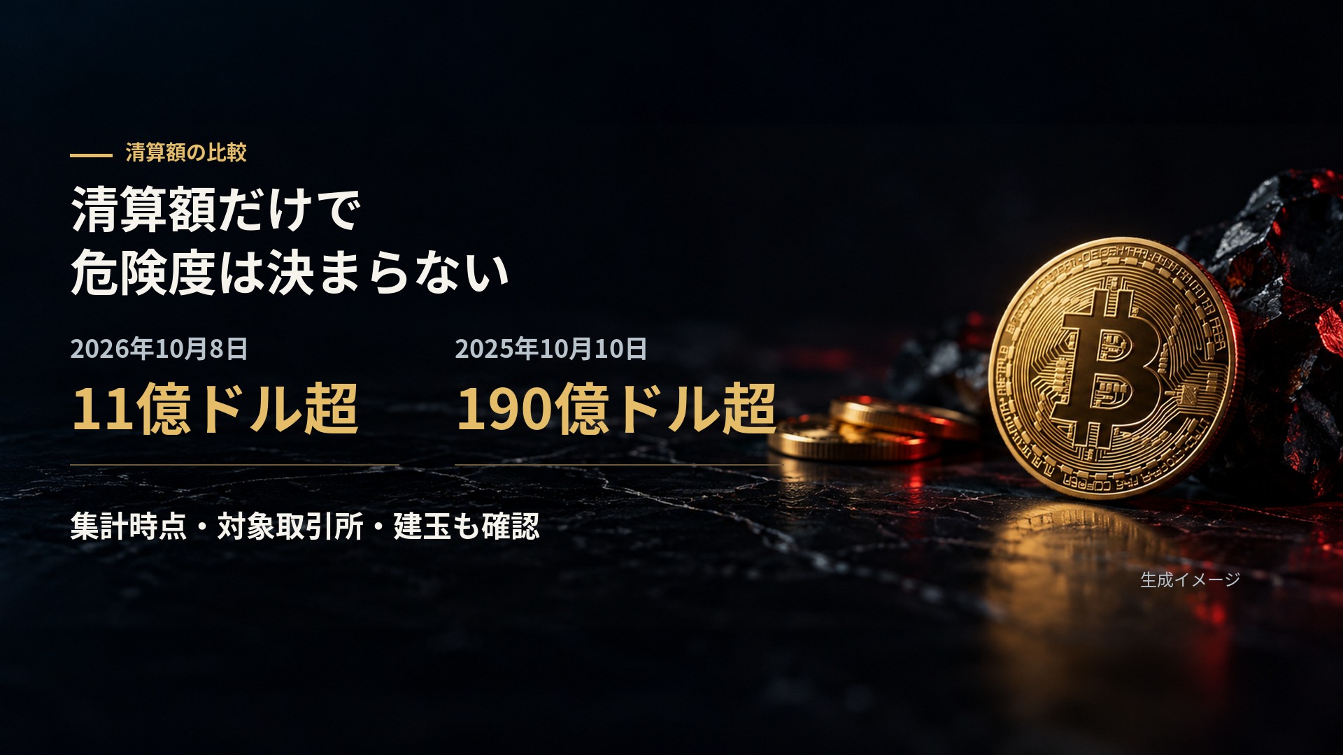 2026年10月8日の11億ドル超と2025年10月10日の190億ドル超の暗号資産強制清算額を比較した画像