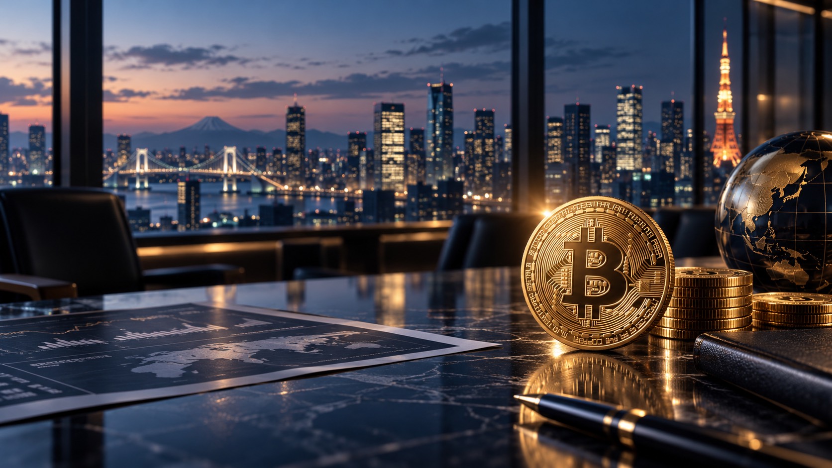 メタプラネットのビットコイン戦略をイメージした東京の夜景とビットコイン