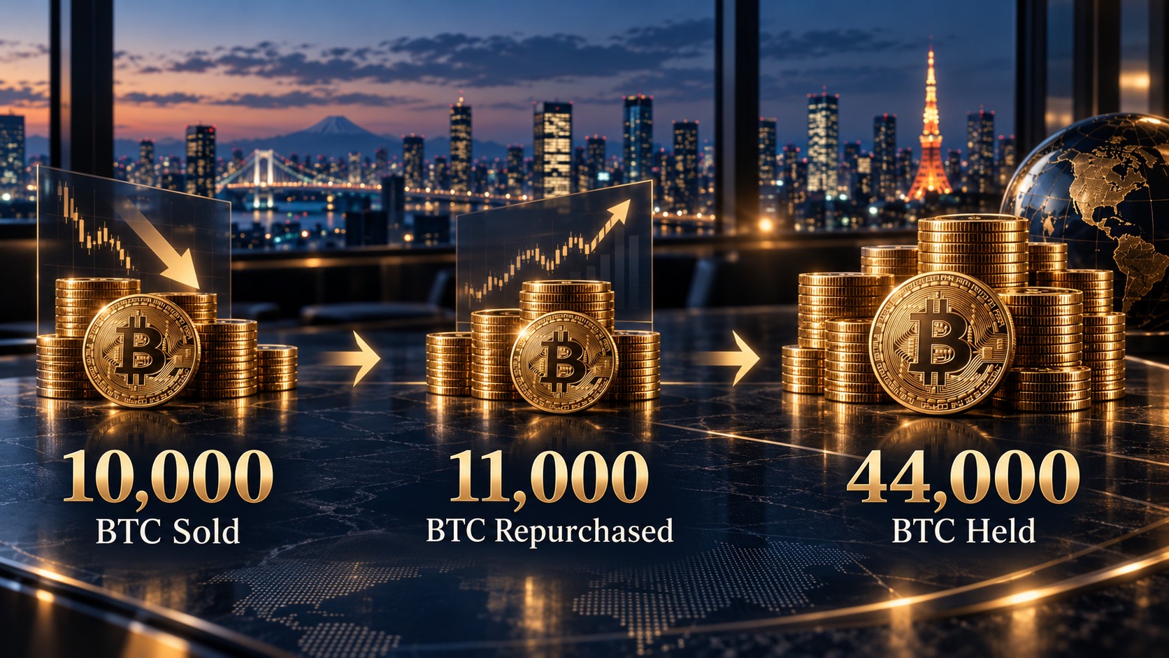 メタプラネットの1万BTC売却と1万1000BTC再取得、保有4万4000BTCを示す図解