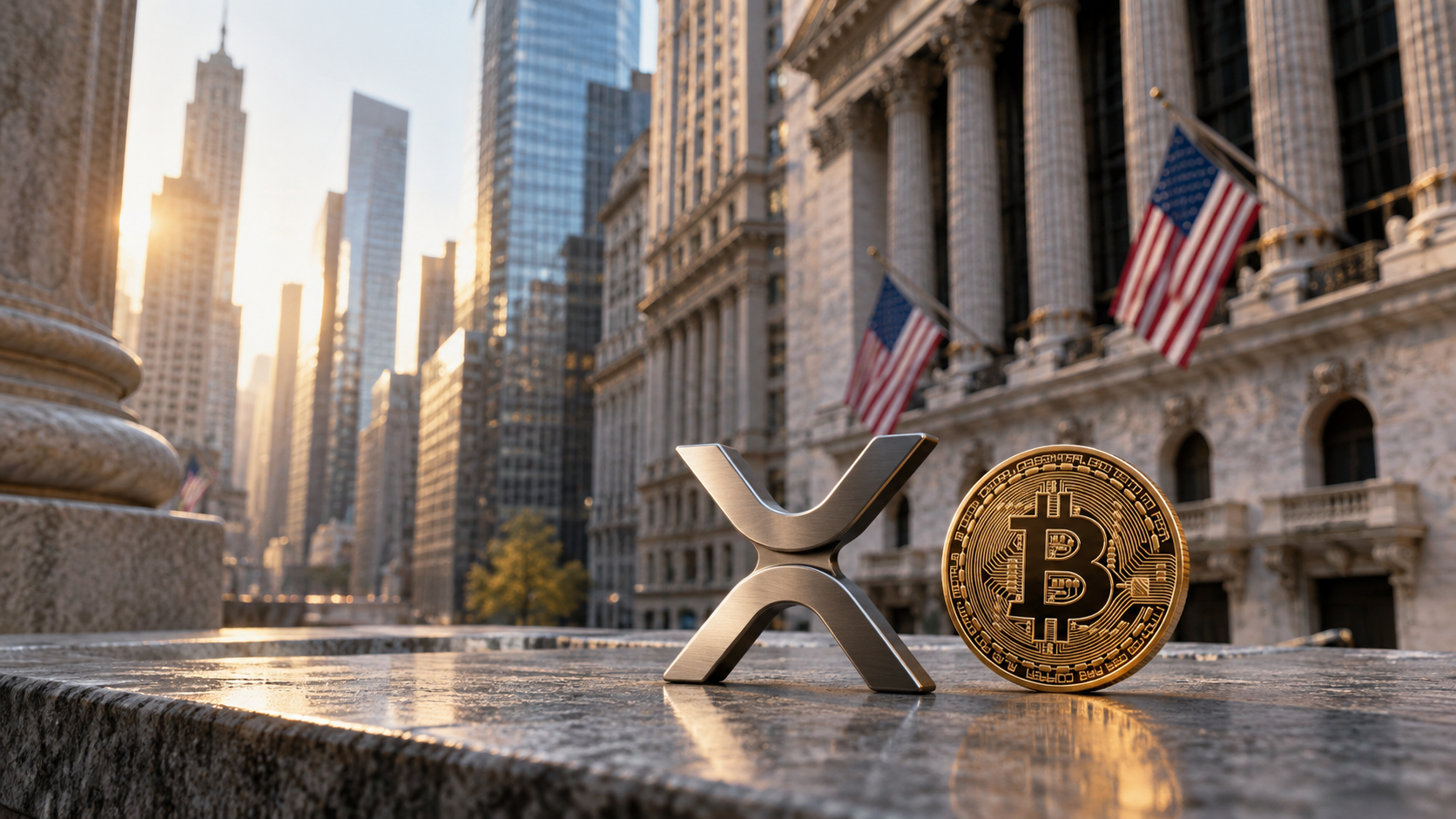 米国金融街とXRP・Bitcoinで市場の制度化を表したイメージ