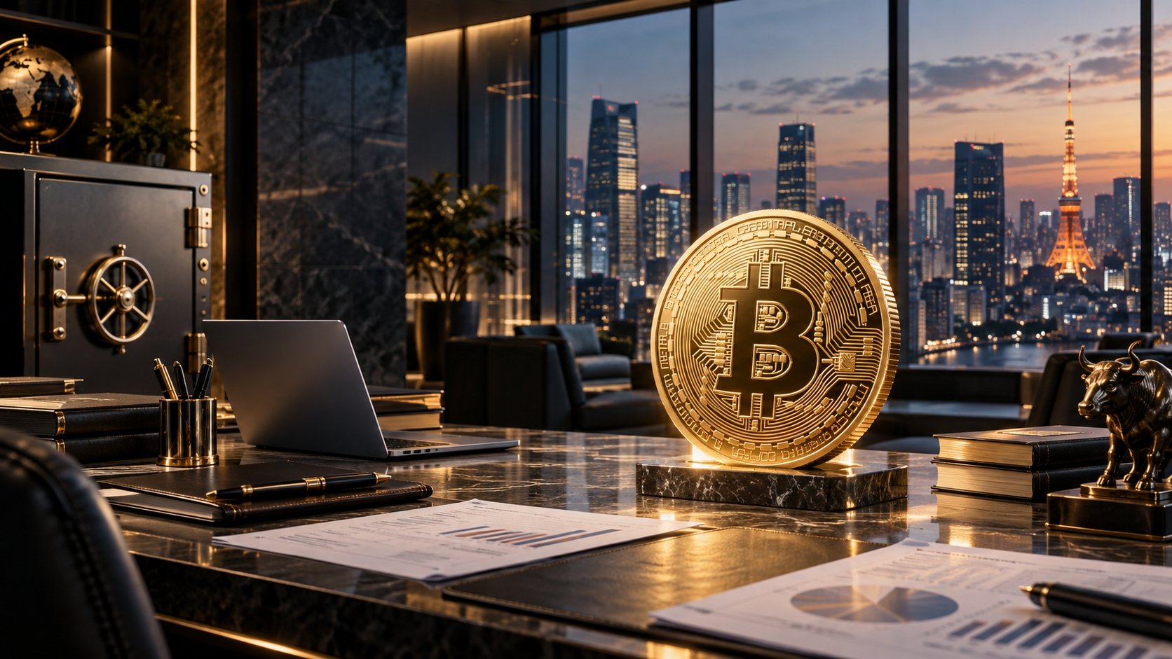 金庫や財務資料のあるオフィスに金色のビットコインを配置し、企業がBTCを財務資産として保有するビットコイントレジャリーを表現したイメージ。