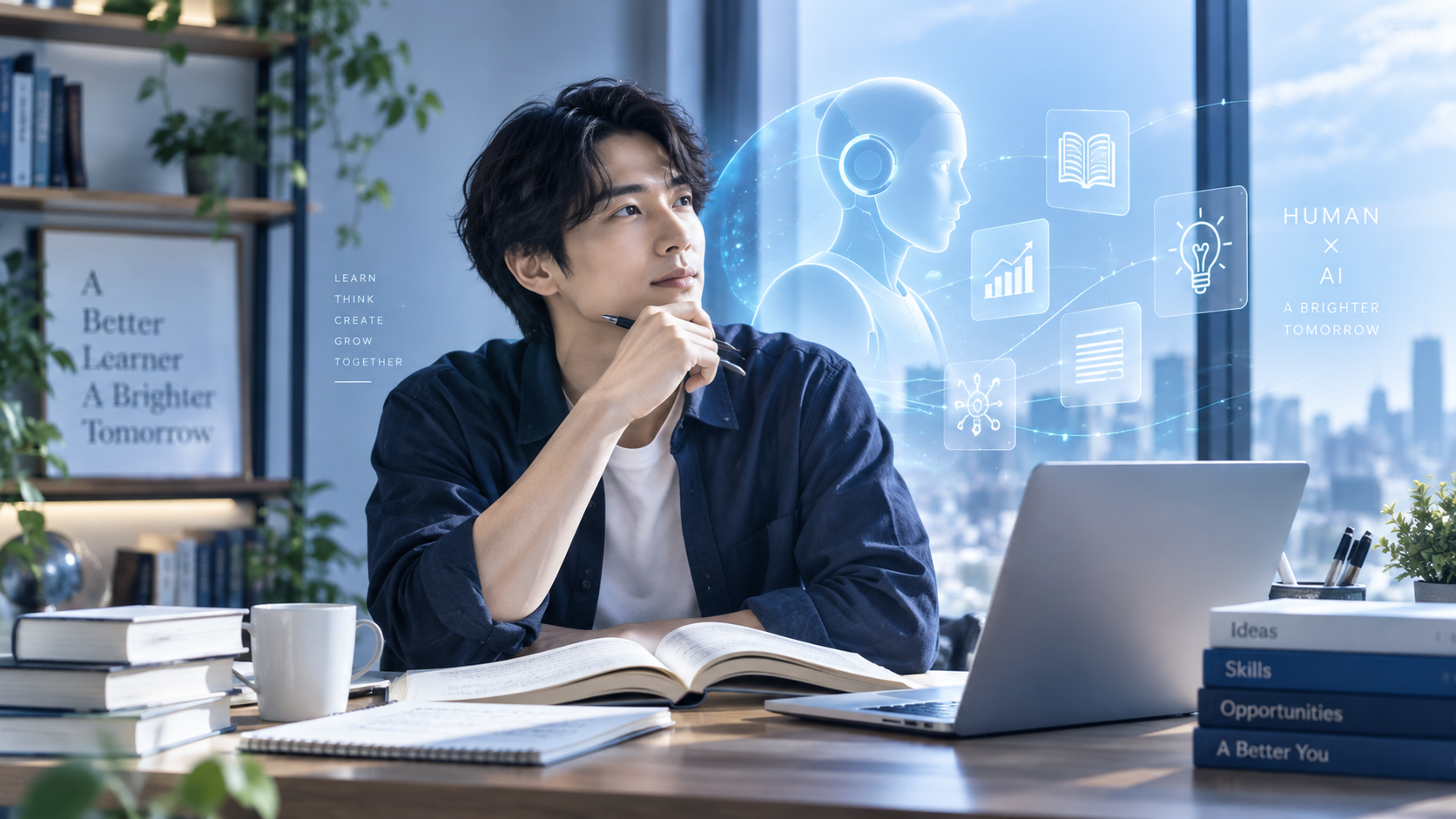 本を広げた人物がノートパソコンとAIの視覚表現を前に考えているイメージ