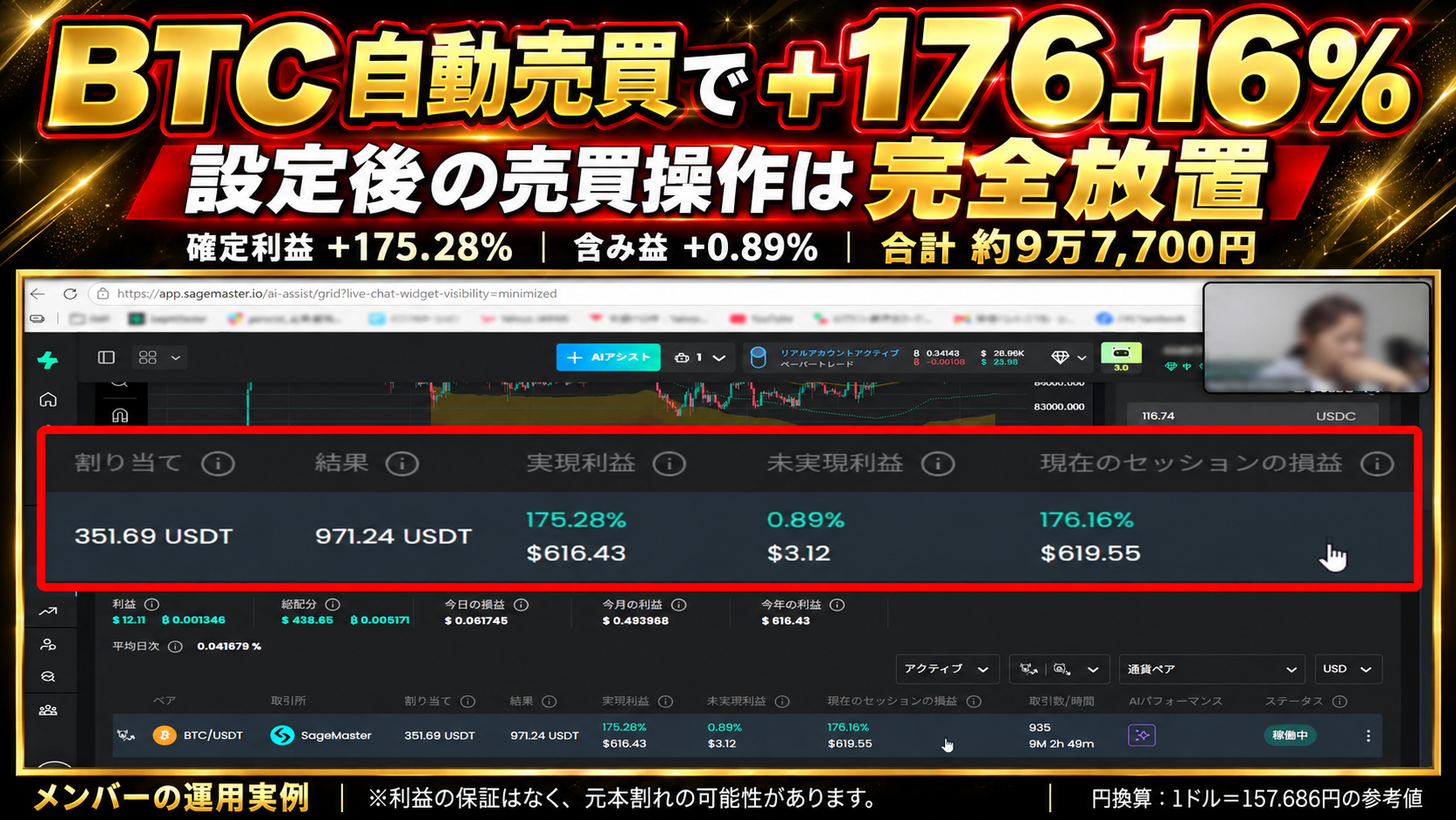 SageMasterのBTC AIグリッド実績。自動売買で積み上げた確定利益＋175.28％、含み益＋0.89％、合計損益＋176.16％を示すメンバーさんの運用画面。