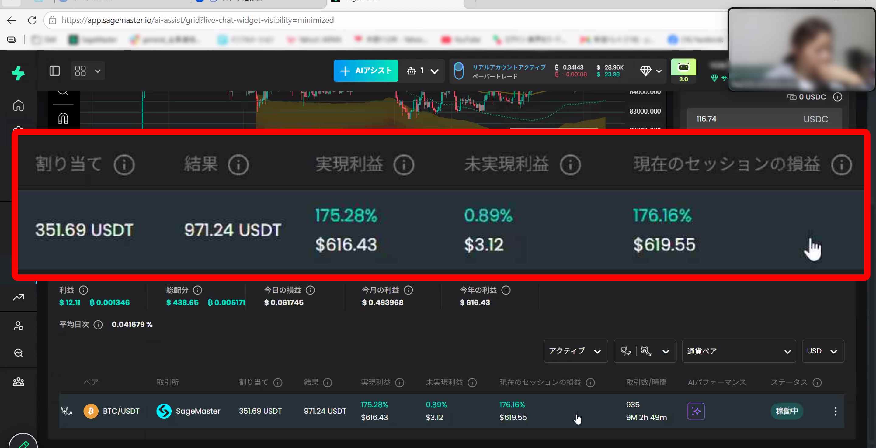 SageMasterのBTC/USDT実績画面。実現利益175.28%・616.43ドル、未実現利益0.89%・3.12ドル、現在のセッション損益176.16%・619.55ドル、時間表示9M 2h 49m