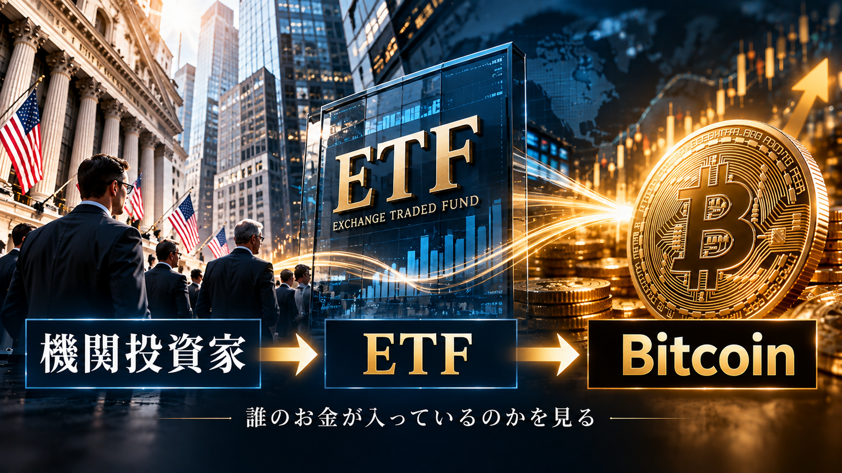 機関投資家の資金がETFを通じてBitcoinへ流入する構造を示したイメージ画像